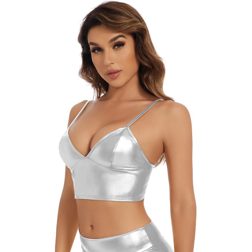 2940 Metallic Crop Tops Shiny V-Neck Tube Bra for Dancing Raves - Picture 4 of 5